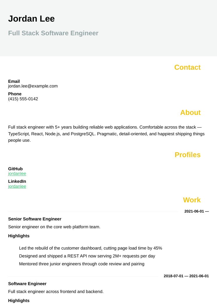 Résumé rendered with the flat theme